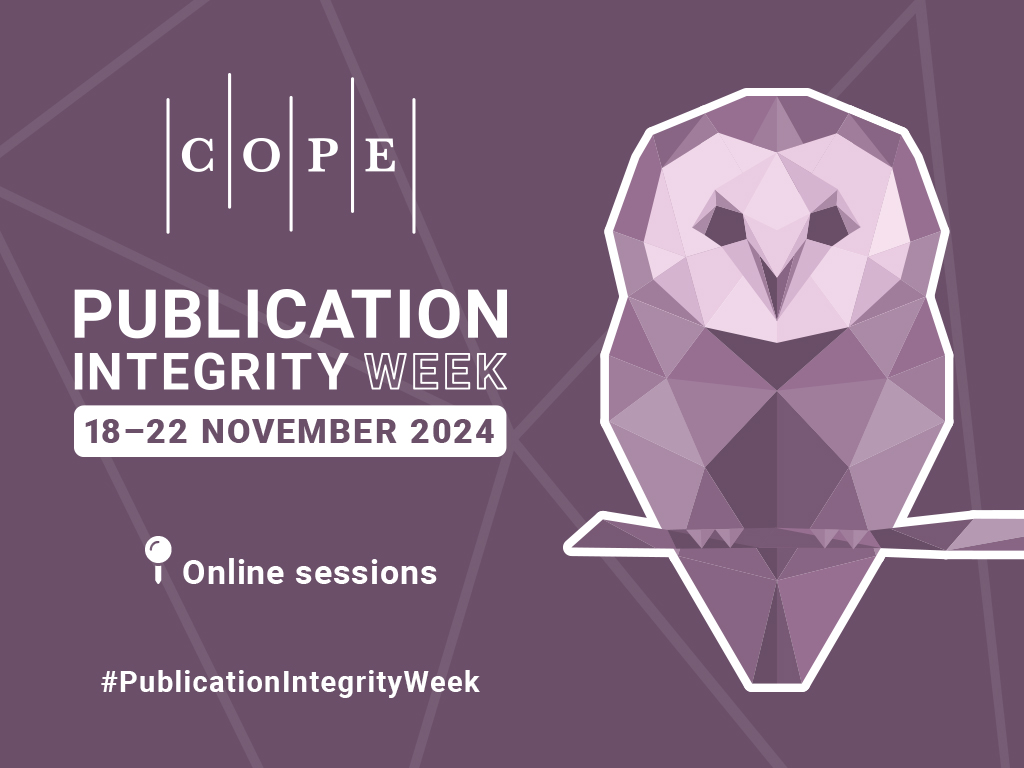 An image of a owl in shades of purple with text over the top "COPE Publication Integrity Week 18-22 November 2024 online sessions #PublicationIntegrityWeek