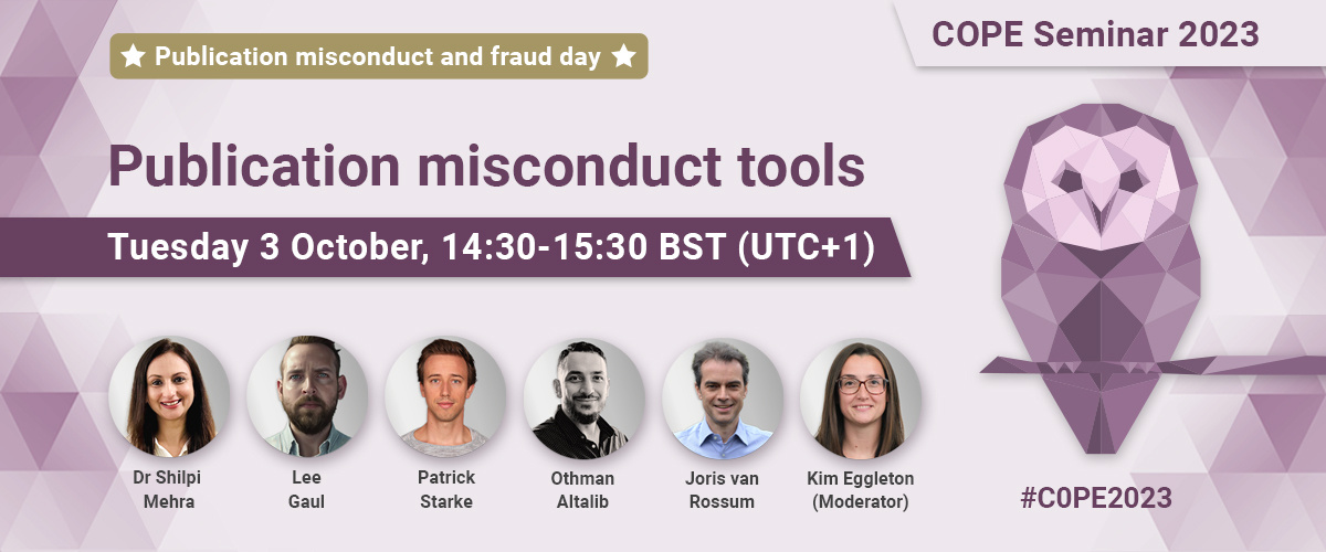 Images of the speakers with the words 'Publication misconduct tools' part of 'publication misconduct and fraud day'